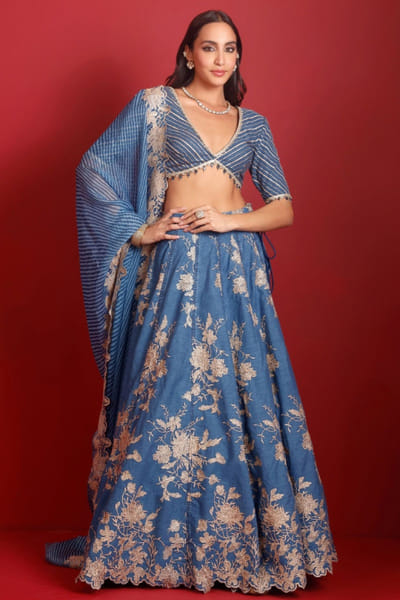 Denim embroidered lehenga set