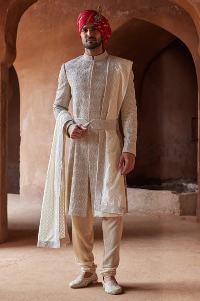 Ivory resham embroidered sherwani set