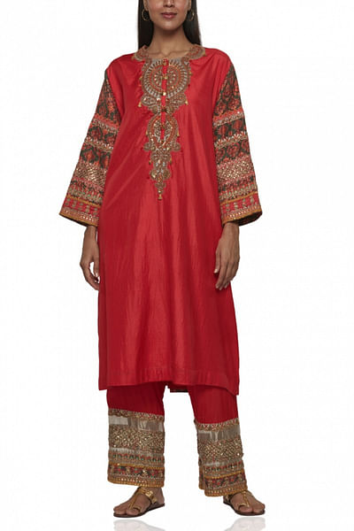Red zardozi embroidery kurta and pants