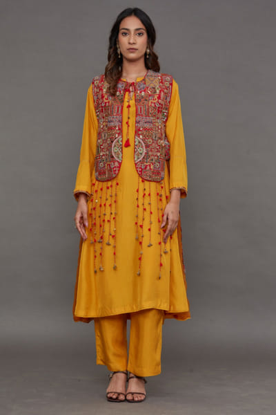 Debyani Mustard embroidered satin jacket kurta set DEBJAN26D136047