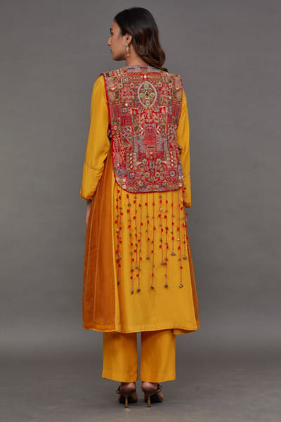 Debyani Mustard embroidered satin jacket kurta set DEBJAN26D136047