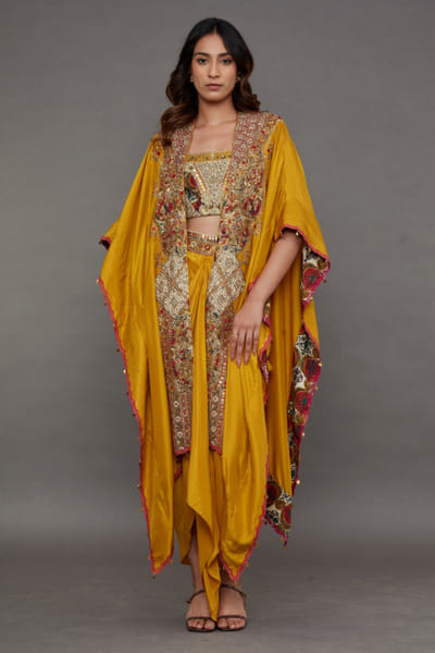Mustard satin silk embroidered cape skirt set