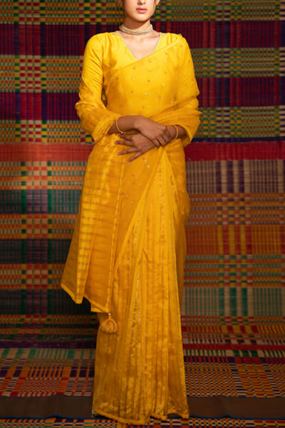 Yellow embroidered sari set