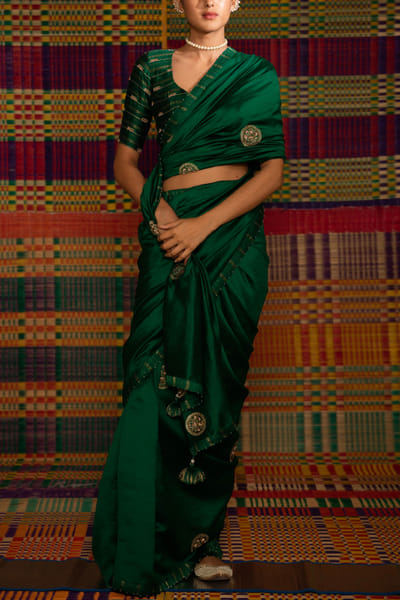 Salmon pink embroidered sari set