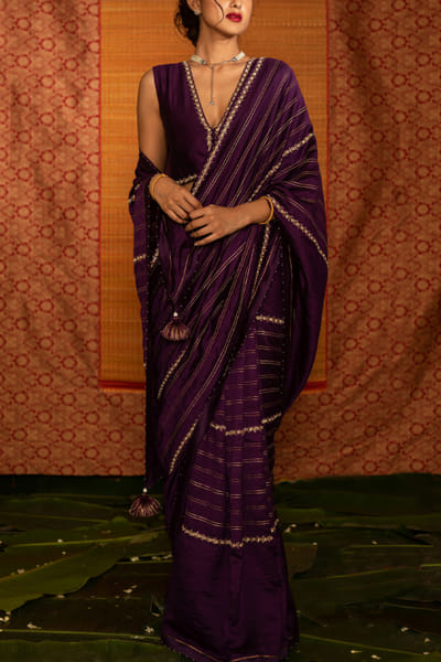 Violet embroidered sari set