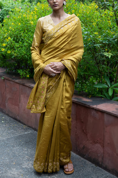Molten golden yellow embroidered sari set