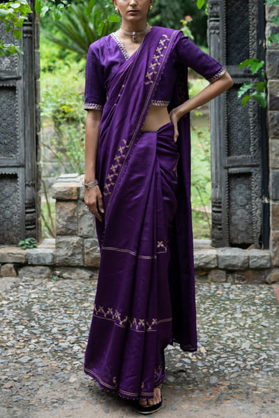 Violet silk embroidered sari set