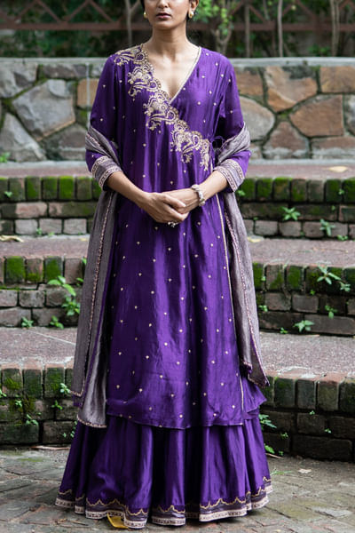 Violet silk applique angrakha set