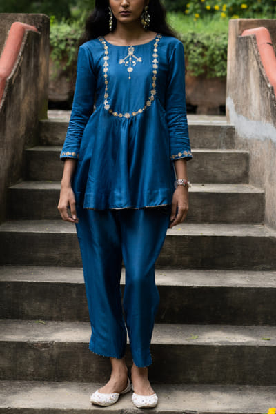 Cobalt blue embroidered peplum top and pants set