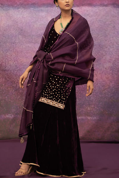 Violet embroidered short kurta sharara set