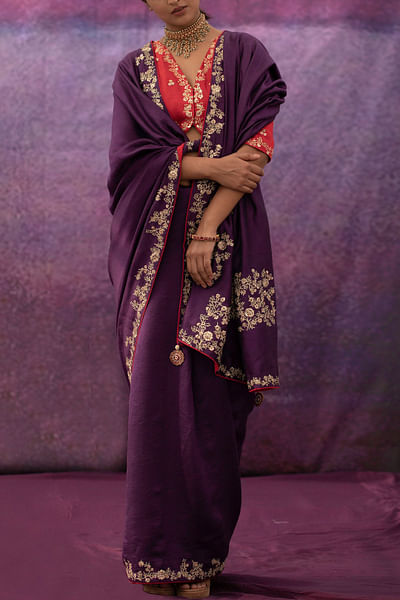 Violet embroidered sari
