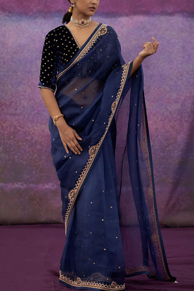 Navy embroidered sari set