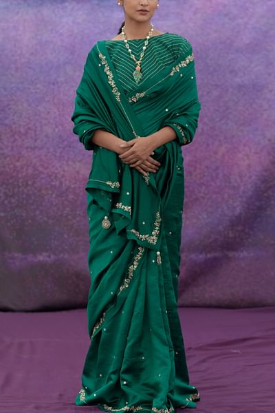 Green embroidered sari set
