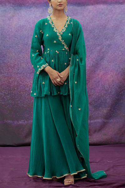 Green embroidered short angrakha sharara set