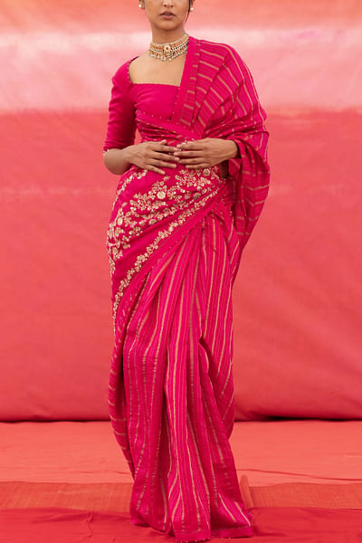 Pink embroidered silk sari set