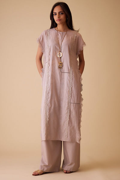Beige lace work kurta