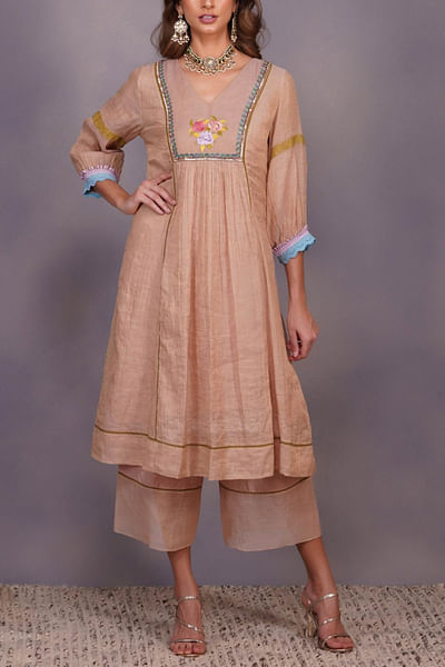 Beige embroidered tunic set