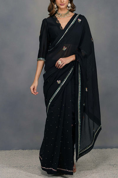 Black sequin sari set