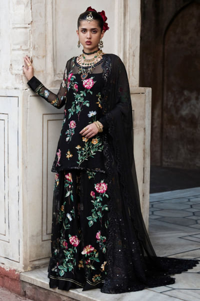 Black floral embroidered kurta sharara set