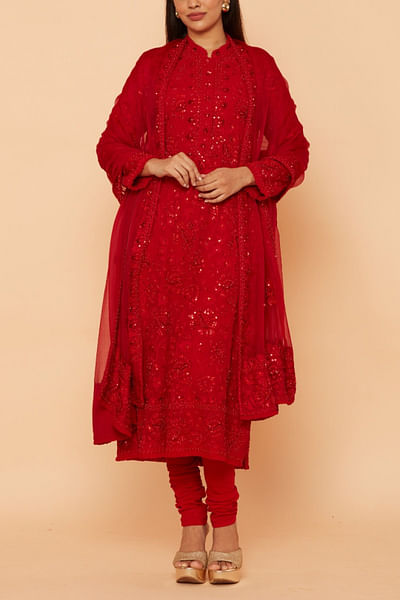 Red floral embroidered kurta set