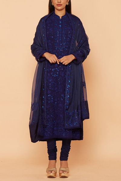 Blue floral embroidered kurta set