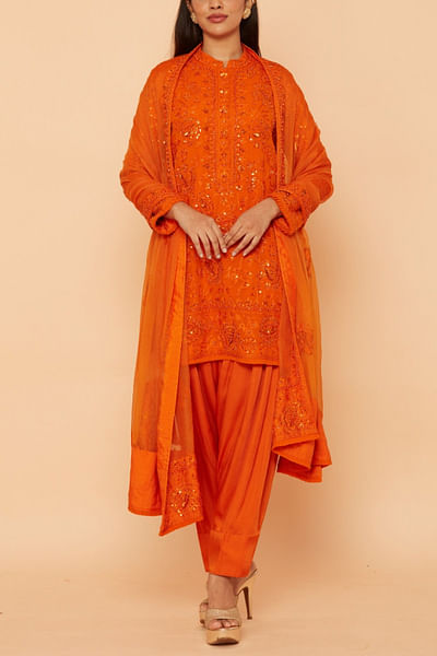 Orange floral embroidered short kurta set