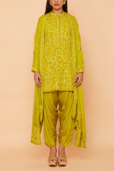 Green floral embroidered kurta set