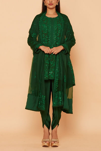 Green floral embroidered short kurta set