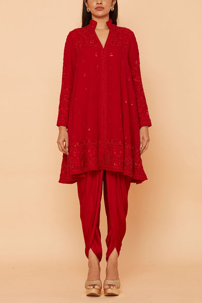 Red floral embroidered short kurta set