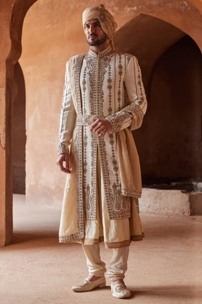 Ivory zardozi embroidered sherwani set