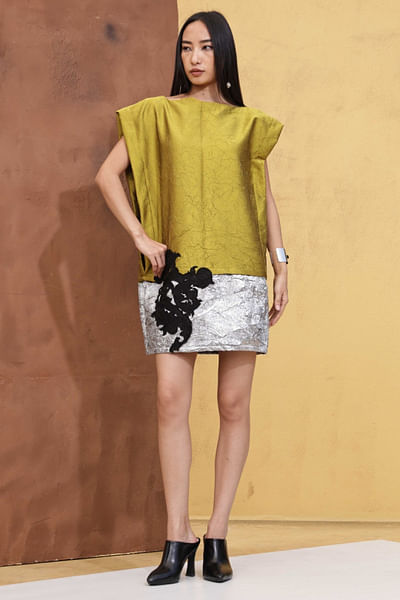 Lime embroidered and appliqué crushed dress