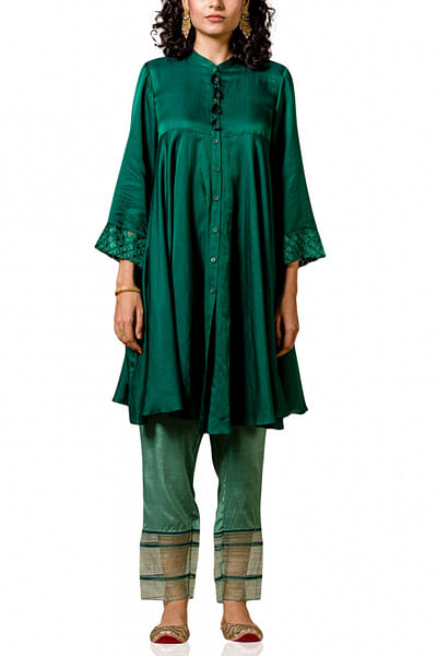 Emerald green silk satin tunic set
