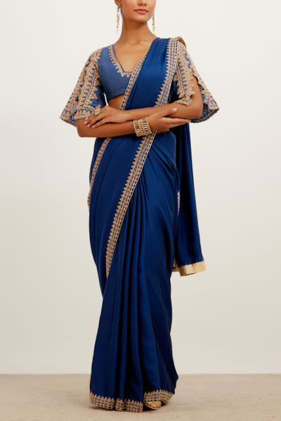 Devnaagri Blue embroidered satin sari DEVDEC2205