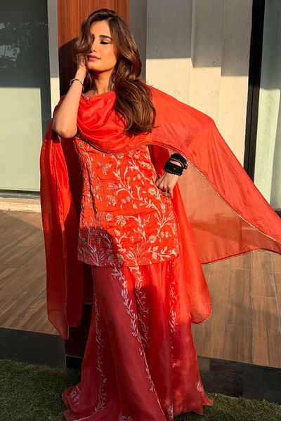 Orange embroidered sharara set