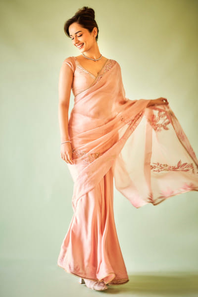 Onion pink sequin embroidered sari set