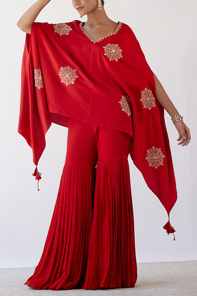Red embroidered cape and sharara