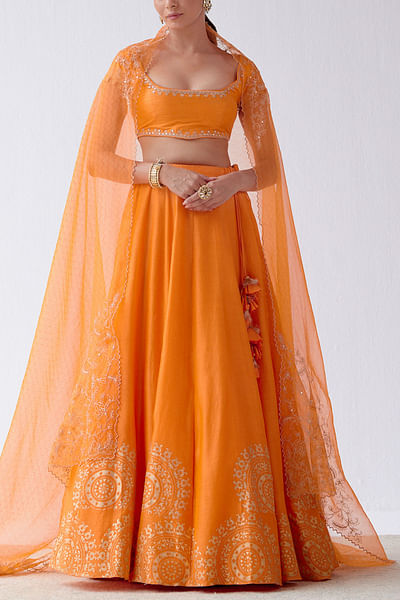 Orange block printed lehenga set