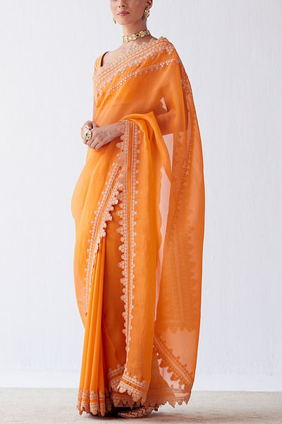 Orange embroidered organza sari set