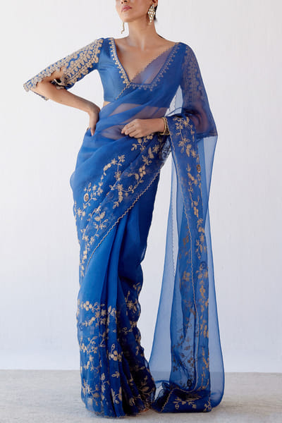 Devnaagri Blue embroidered organza sari set DEVOCT2221