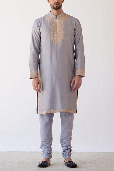 Grey embroidered chanderi kurta set