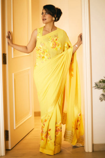 Devnaagri Yellow floral hand painted sari set DEVSEP24D121