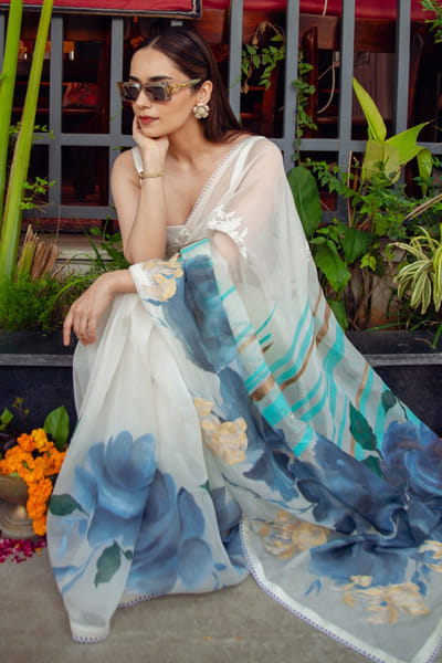 Ivory floral hand painted sari set