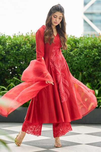 Red dori embroidered printed anarkali set