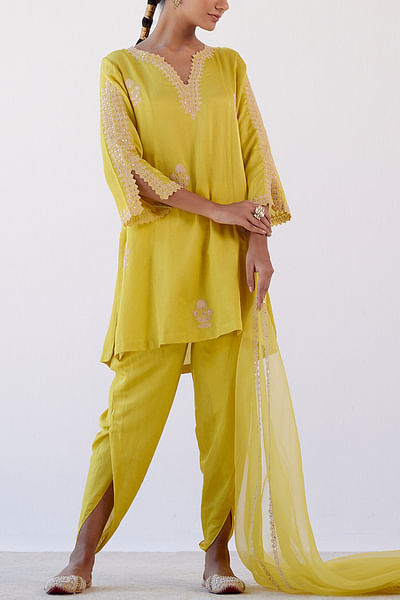 Yellow embroidered kurta and dhoti set