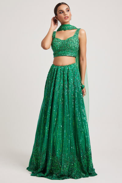 Green cutdana embroidered lehenga set