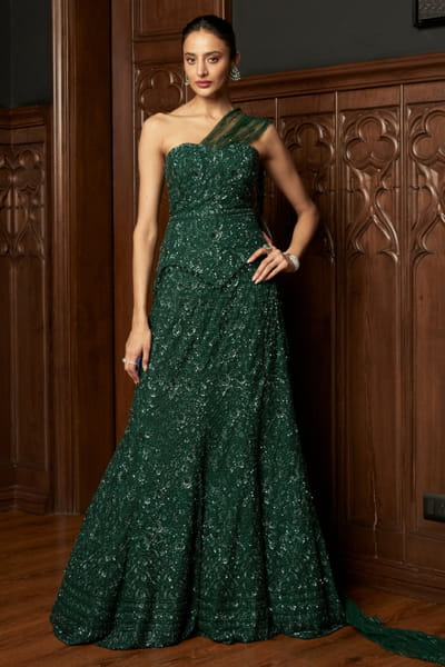 Emerald green embellished corset lehenga set