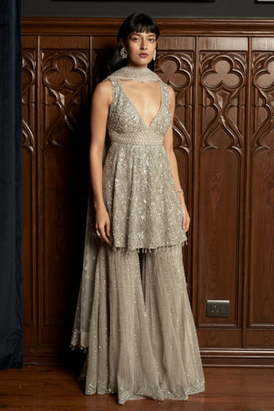 Istya Grey sequin embroidered peplum sharara set ISTAUG25D135247