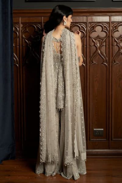 Istya Grey sequin embroidered peplum sharara set ISTAUG25D135247
