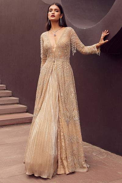 Gold embroidered jacket and lehenga set