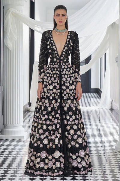 Black embellished gown jacket set